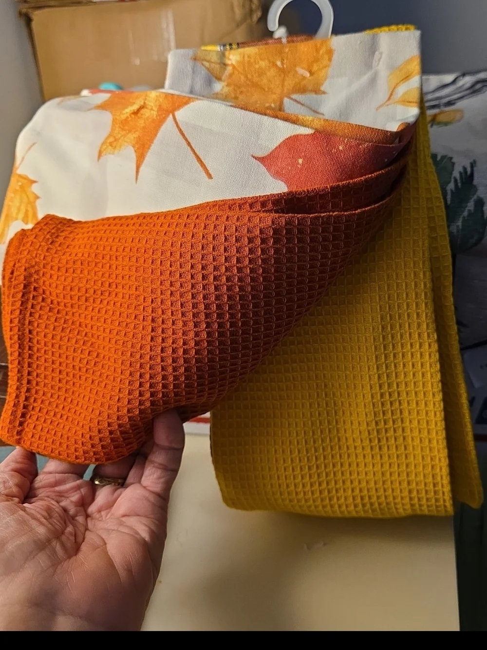 Autumn Leaf Print Fabric Kitchen Towels - White with Orange & Rust Leaves. Set 5
